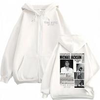 King of Pop Michael Jackson Bad Era Zipper Hoodies Fashion Hip Hop Jacket Sweatshirt Cozy Long Sleeve Zip Up Pullovers XL white