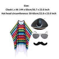 Kid Adult Mexican Costume Colorful Cloak Poncho Sombrero Hat Sunglasses Mustache Set for Mexican Fiesta Halloween Carnival Party One Size black