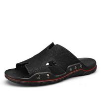 Men's Genuine Leather Flip-Flop Slippers: Summer Outdoor Flat Sandals, Breathable, Casual, Versatile 44 juoda