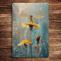 Metal Poster Wall Art, Vintage Dandelion Dragonfly, Living Room Decor gray