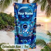 Astro Bot Beach Towel, Personalized Custom Text, Quick Dry Soft Large Towel For Swimming Pool Travel 70cmx140cm(27x55inch) blue