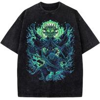ONE PIECE Zoro Short Sleeve T-Shirt Anime Manga Vintage Washed Graphic Print Asura Nine Sword Style Green Flame Streetwear 3XL blue
