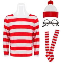 Kur yra Valdo dryžuoti marškinėliai Jaunimui Vaikams Berniukams Valio kostiumo marškinėliai Akiniai ir kepurė Kojinės Unisex Suaugusiems Helovino Cosplay kostiumas M&Wheres Waldo red