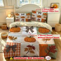 3 Pcs Thanksgiving Duvet Cover Set Pumpkin Bow Plaid Maple Leaf Print Patchwork Style Bedding Set for Home 135x200 gray