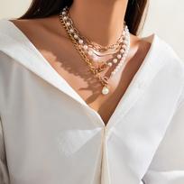 Layered Imitation Pearl and Thick Chains Choker Necklace for Women Tendy Beaded Chains on Neck Accessories 2026 Fashion Jewelry brown