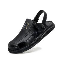 Men's 2026 Summer Genuine Leather Outdoor Beach Flip-Flops 42 black