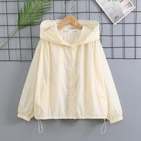 Girls Lightweight Breathable Lace Trim Hooded Uv Protection Sunscreen Jacket For Kids 170 smėlis
