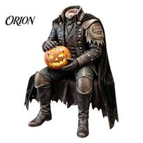 Vintage Dark Art Sculpture Resin Headless Horseman Statue with LED Warm Glow, Lighted Halloween Jack O Lantern Sculpture, Gothic Tabletop Decor A gray