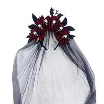 Helovino Zombių Nuotakos Šydas Juodas Tiulis Cosplay Galvos Juosta Gotikinė Galvos Puošmena Gotikinis Cosplay tamsiai raudona spalva