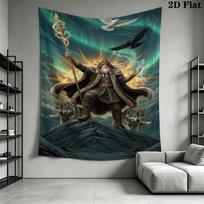 Odin Norse God Tapestry, Viking Odin with Gungnir Spear Wolves Ravens Wall Hanging, Aurora Borealis Rune Wall Tapestry Room Decor 100cm x 150cm gray