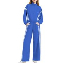 Women's Fashion Color Long Sleeved Zipper Sweatshirt Jacket With Elastic Waist Pocket And Casual Sweatpants Two-piece Set XXL blue