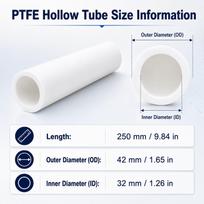 PTFE tuščiaviduris strypas, baltas politetrafluoretileno vamzdelis, 250 mm ilgio, naudojamas perdavimui, izoliacijai, „pasidaryk pats“ mechanizmams 42x32x250mm