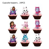 Festive Gabbys Dollhouse Kids Party Decorations With Colorful Balloons Cake Toppers And Flag Banners Cupcake Topper24Pcs pink