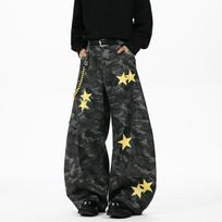 American camouflage star printing tooling jeans multi-pocket design feeling washed loose wide-leg drape pants XL black