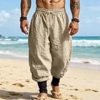Men's Linen Harem Pants Elastic Drawstring Waist Baggy Loose Bundled Trousers Lightweight Summer Beach Casual Jogger Pants S chaki
