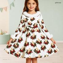 Girls White Christmas Rocking Horse Printed Long Sleeve Faux Fur Collar Tie Waist A Line Dress 180 white