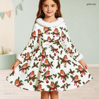 Girls White Christmas Rocking Horse Printed Long Sleeve Faux Fur Collar Tie Waist A Line Dress 180 white