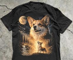 Corgi Howling at The Moon T-Shirt Retro Animal Graphic Corgi Mom Tee XL gray