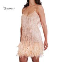 Party Prom Women Dress Tassel Sequin V Neck Sleeveless Backless Feather Decor Loose Rumba Cha-cha Dance Costume Mini Club Soft Fabric M