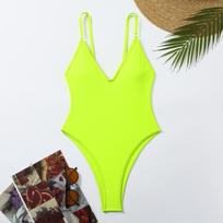 Seksualus moteriškas monokinis maudymosi kostiumas, vientisas maudymosi kostiumas su atviru nugara, vienspalvis bikini maudymosi kostiumas L fluorescencinė žalia spalva