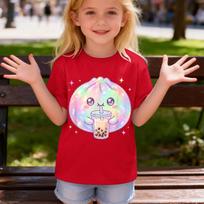 2026 Summer Girl Clothes T-Shirt Cute Dumpling Drinking Boba Tea Kawaii Bubble Tea Lover - Suitable for Kid Short-Sleeve Top 160 red