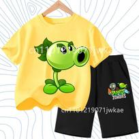 Children's Plants Vs. Zombies Short-Sleeved T-Shirt Set Cotton Summer Fashion Comfortable Top+pants for Boys and Girls 130 yellow