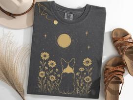 Pembroke Welsh Corgi Moon Shirt, Minimalist Boho Corgi Night Flower Tee, Dog Lover Gift 150 gray