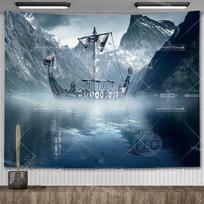 Vikingų laivo gobeleno vėliava Gamtos kraštovaizdis Kalnai Gobelenai Langų užuolaida Sienos pakabinama meno puošmena svetainei 100X70CM white