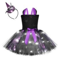 Kids Halloween LED Spider Tutu Dress, Black Spider Cosplay Outfit with Free Witch Hat Black S(2-3Y) black