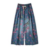 Plus Size Casual Loose Baggy Denim Trousers Spring Summer Women Vintage Floral Print Drawstring Jeans Retro Women Streetwear Wide Leg Jeans S gray