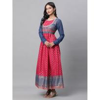 Aurelia Pink Ethnic Motif Cotton Anarkali Kurta with Lace XL rožinė