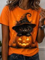 Helovino moteriški raganos katės marškinėliai mielas juodas katinas moliūgo grafika viršutiniai drabužiai vasaros trumparankoviai apvalia kaklo iškirpte vakarėlio moterų drabužiai XL black