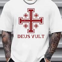 Vyriški Deus Vult Jeruzalės kryžiaus viduramžių kryžiuočio grafinis marškinėlis Atsitiktinis vyriškas ir moteriškas marškinėlis Istorinis tikėjimas Gatvės apranga 110 brown