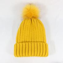 Removable hairball wool hat, European and American winter solid color thermal knitted hat, double-layer satin-lined thermal hat yellow