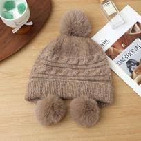 Cute Hairball Knitted Thermal Hat Women's Plush Thickened Ear Protector Wool Hat one size beige