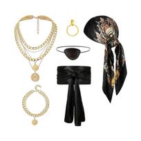 Pirate Costume Accessory Set Includes Headscarf Waistband Eye Patch Layered Necklace Bracelet and Ring for Halloween Party Cosplay One Size juoda