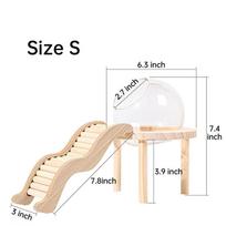 Hamster Bath House with Wooden Ladder Bridge Easy to Clean Climbing Toy Hamster Bathroom Glass Shower Container for Safe Bathing beige