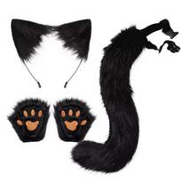 Fluffy Fox Ears and Matching Tail Set Soft Fox Ears Hair Band Faux Fur Animal Themed Cosplay Halloween Party Costume Accessories black set B black