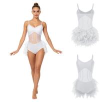 Glitter Rhinestone Sheer Mesh Sling Bodysuit with Fuzzy Feather Skirt for Women Latin Rumba Tango Cha Cha Dancewear XXL balta