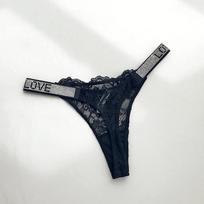 Ultrathin Girl Thong Lace Rhinestone Hot Underpant Seethrough Ladies Thong Cotton File Women Briefs Sexy Panties XL juoda