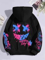 Neoninis Grafiti Šypsenėlės Veidukas  Laiminga Dieną  Streetwear Grafinis Džemperis su Gobtuvu S blue