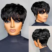 Short Bob Wig ForWomen Pixie Cut Wigs Glueless Wig None Lace Front Wig With Bangs Natural Black Straight Synthetic Wig gray