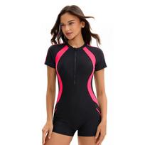 Women's one-piece swimsuit conservative short-sleeved color block surfing suit boxer swimsuit M black