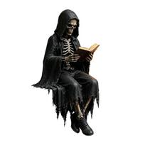 Gothic Dark Fantasy Figure Reading Hooded Grim Reaper Statue Halloween Resin Sitting Skeleton C black