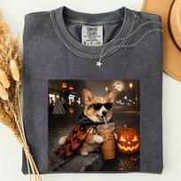Funny Corgi Halloween T-Shirt,Spooky Season Dog Graphic Shirt,Cute Halloween Dog Graphic Tee,Pumpkin Iced Coffee Dog Tee,Dog Lover Gift 110 gray