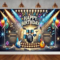 Rock music guitar drum theme birthday party banner background, dance notes band music stage photography studio background props18 118×59inch/300*150cm