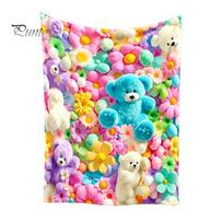Lightweight Breathable Nap Quilt Teddy Bear Floral Print Blanket, Super Soft Plush Throw Cute Bunny Flannel Blanket Puppy Pattern, Cozy for S A blue
