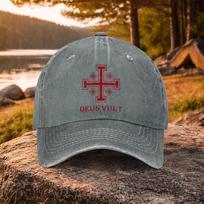 1pc Casual Versatile Jerusalem Cross Deus Vult Print Washed Baseball Cap Suitable For Golf Casual Wear And Outdoor Activiti gray