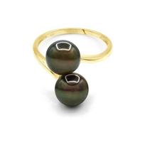 Ring - Pearls & Colors - Toi & Me - Tahiti Cultured Pearl 8-9 mm Round - Yellow Gold 375/1000 - A+ Quality - Diamonds - Woman 56
