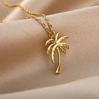 Coconut Palm Tree Necklace For Women Dainty Stainless Steel Palm Necklace Bohomian Jewelry Summer Ocean Beach Accessories 45cm beige